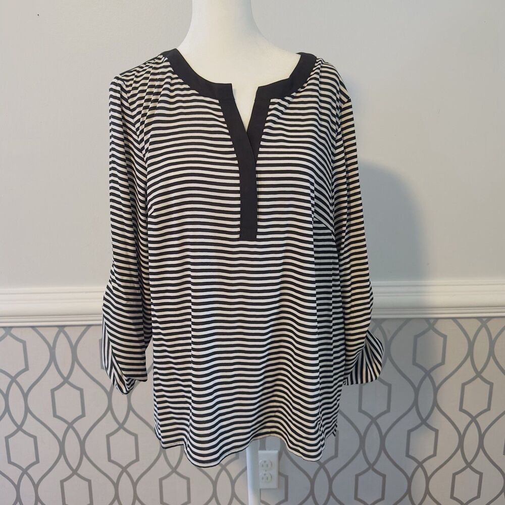 Calvin Klein Women L Black White Stripe Pullover Blouse Top Long Roll Tab Sleeve